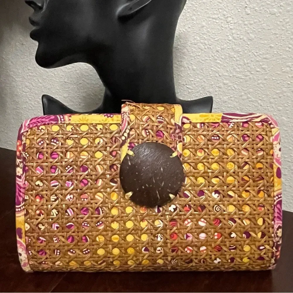 Vera Bradley Tiki Clutch in Bali Gold Pattern Yellow Tan Pink Orange
